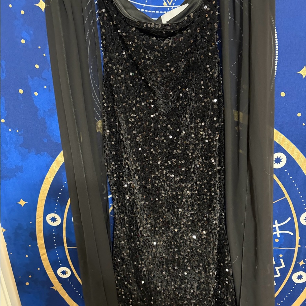 Alisa & Leo Sequin gown with Cathedral sleeve cape